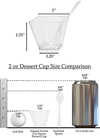 ImpiRilux 2 Oz x 100 CT כוסות קינוח עם כפות | כוסות קינוח פלסטיק מיני מרובע + 100 כפות | הצגת שיק